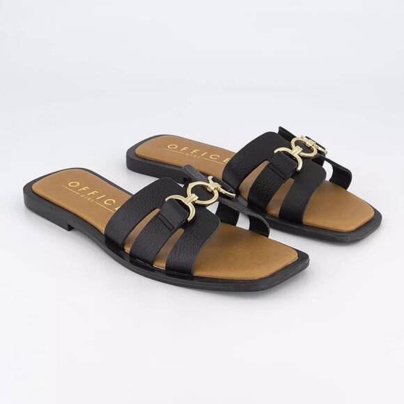 new OFFICE Salvador Gold Trim Slides  Leather Upper and LINING! 2T7 - Picture 1 of 5